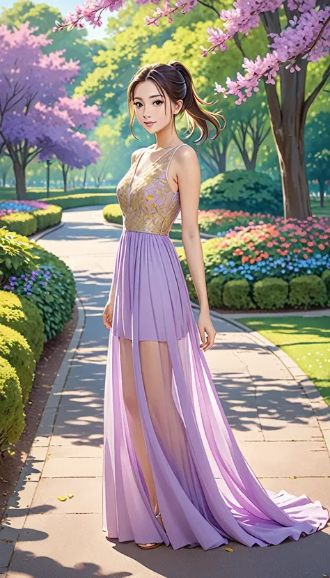 Create an image of a girl Create a vivid and serene scene set in a park . The park is a haven of tranquility with an abundance of vibrant trees, casting shadows on the winding pathways. The girl is in her mid-20s, with shoulder-length hair tied back in a c...