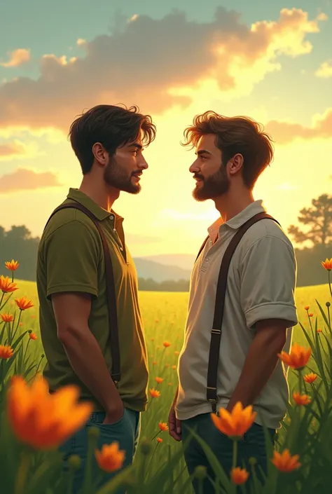 Two male friends talking about life far away from each other in the background of a beautiful landscape like a green field full of flowers, a radiant sky in the late afternoon