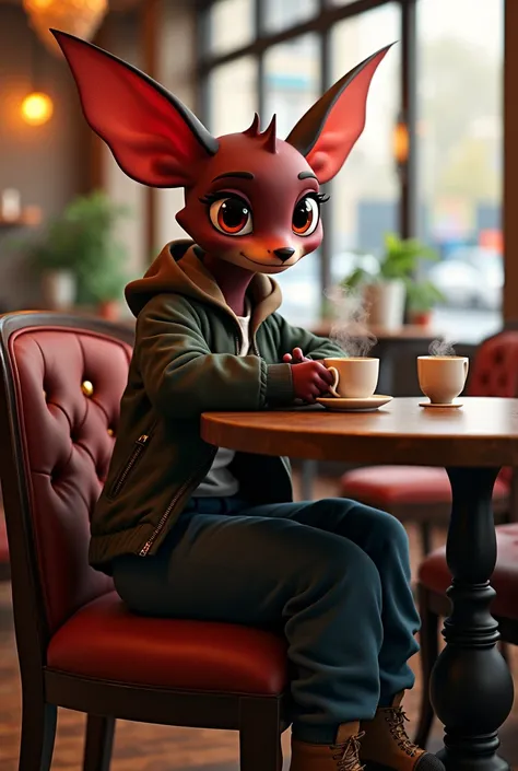 highres, (Best Quality:1.3), (extremely detailed:1.2), 8k, textured, (beautiful lighting, cinematic:1.3), (masterpiece:1.2), Rouge the Bat sitting at a cafe drinking coffee, 1girl, wearing a jacket, sweatpants, brown shoes, relaxed,