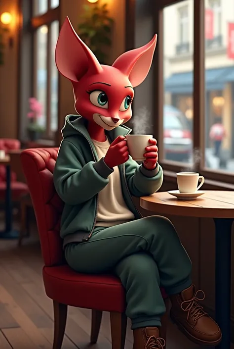 highres, (Best Quality:1.3), (extremely detailed:1.2), 8k, textured, (beautiful lighting, cinematic:1.3), (masterpiece:1.2), Rouge the Bat sitting at a cafe drinking coffee, 1girl, wearing a jacket, sweatpants, brown shoes, relaxed,