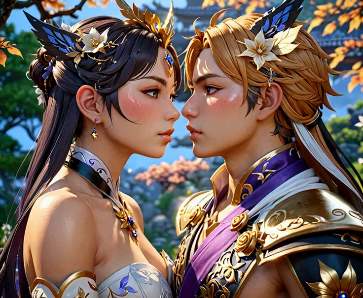 genshin impact characters , tartaglia and lumine from genshin impact , naked, making love, kissing, extremely detailed face and expression, intricate detailed costume, (best quality,4k,8k,highres,masterpiece:1.2),ultra-detailed,(realistic,photorealistic,ph...