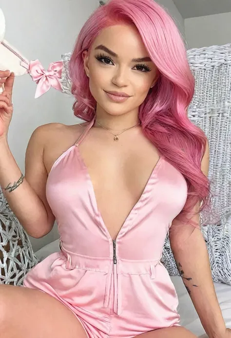 ((high quality:1.2)), (8k), extremely detailed, ((High detail:1.2)), ((best resolution:1.4)), (Elsa Jean with pink hair), Solo, ((brazilian female:1.45)), ((romper)), (perfect hot robust body),