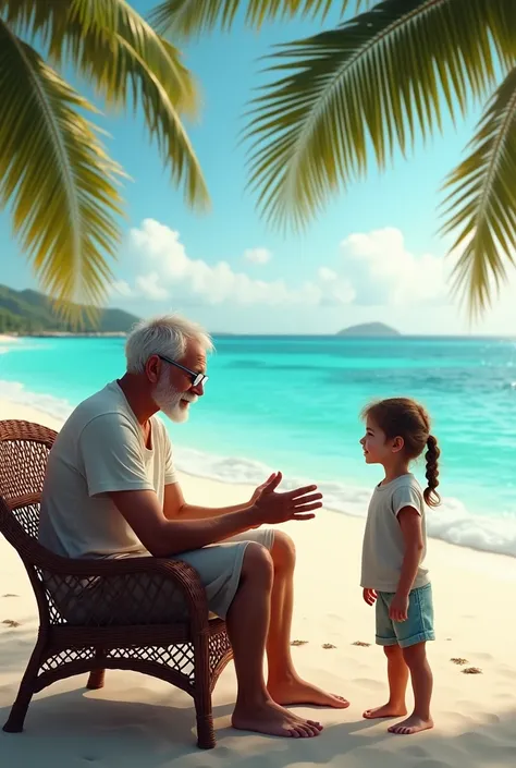 Elderly man and a child chatting on a Caribbean beach
