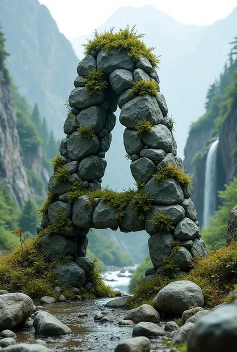 Three-dimensional letter A covered with rocks and moss in a mountain style