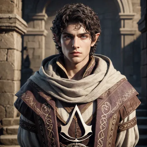 character is a half-elf man, 1.80 meters, 80 kg, blue-purple eyes, fair skin and black curly hair and wears an outfit similar to that of Assassin&#39;s Creed, but without the Assassin&#39;s Creed symbol, in place of the symbol, put a new moon.