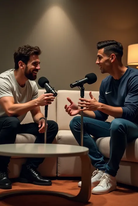 Messi and Cristiano Ronaldo in podcast sitting on a piece of furniture
