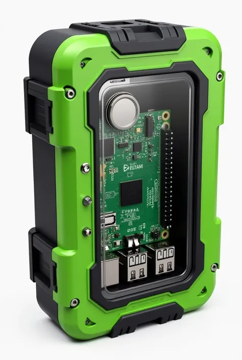 generate a small protective box that contains a raspberry pi and other components inside, Give it green and black colors and preferably have protection to submerge under water . The box must have a transparent section where you can see the Raspberry Pi and...