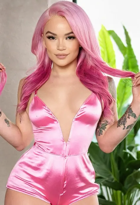 ((high quality:1.2)), (8k), extremely detailed, ((High detail:1.2)), ((best resolution:1.4)), (Elsa Jean with pink hair), Solo, ((brazilian female:1.45)), ((romper)), (perfect hourglass-shaped model body), (standing),