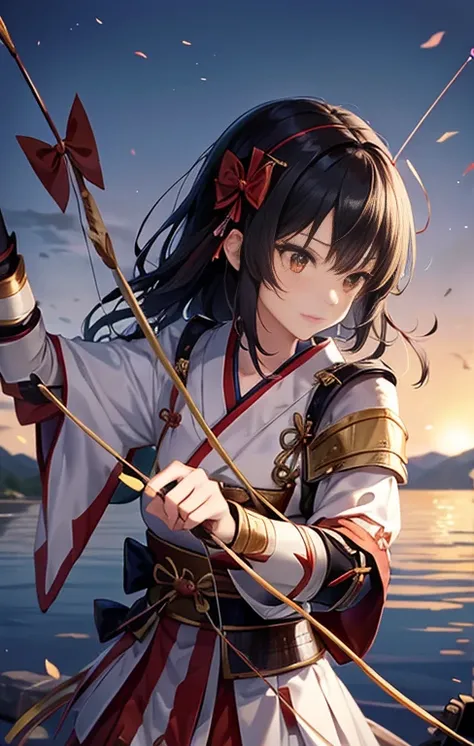 samurai,(japanese armor),black hair,lakeside,miko costume,gauntlet,(holding long bow:1.4), (holding a arrow:1.3),(aiming a bow:1.3), (((Drawing a bow)))