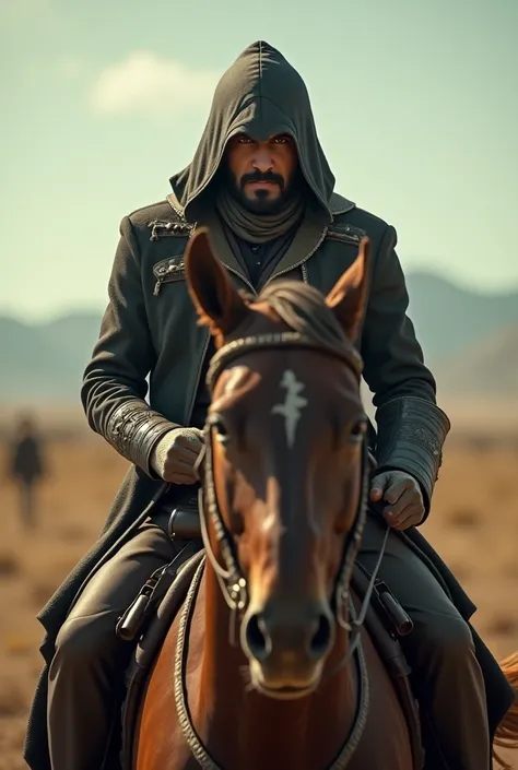 1 male figure, Pancho Villa, Mexican revolutionary outfit with hoodie, assassins creed style, riding horse, large open plain, cinematic composition, realistic, highly detailed, photorealistic, 8k, HDR, dramatic lighting, vivid colors, moody atmosphere, epi...