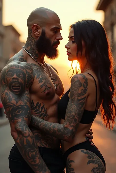 Middle-aged Caucasian rapper, chiseled physique covered in intricate tattoos, stands confidently beside a stunning young woman with vibrant ink art. Hyper-realistic portrait captures every pore, wrinkle, and sheen. Urban backdrop, golden hour lighting. Int...