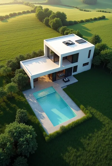 House type L field swimming pool aerial view