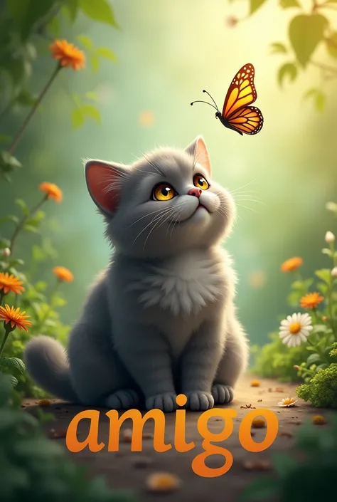 A friendly natural environment. In the middle sits a beautiful fat grey Persian cat with long fur and amber eyes. He looks up at a butterfly. Below him is the word Amigo in large letters 