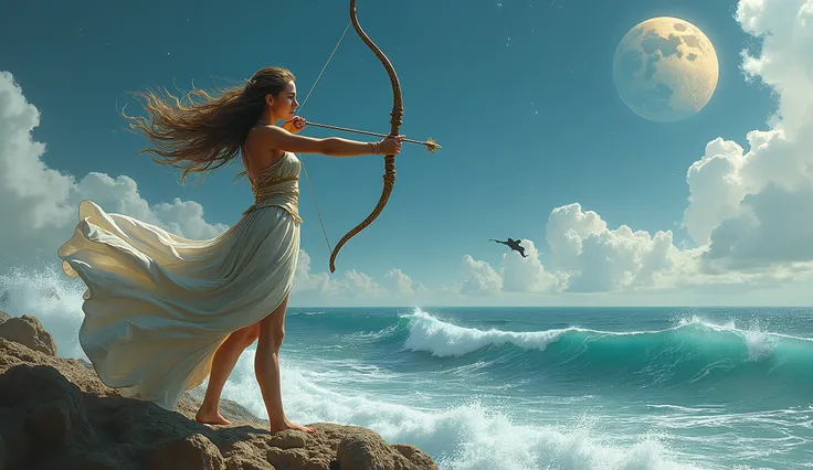  (masterpiece:1.3), (best quality:1.3), Artemis, proportionally curved body, aiming her arrow towards Orion who is swimming in the sea far from her