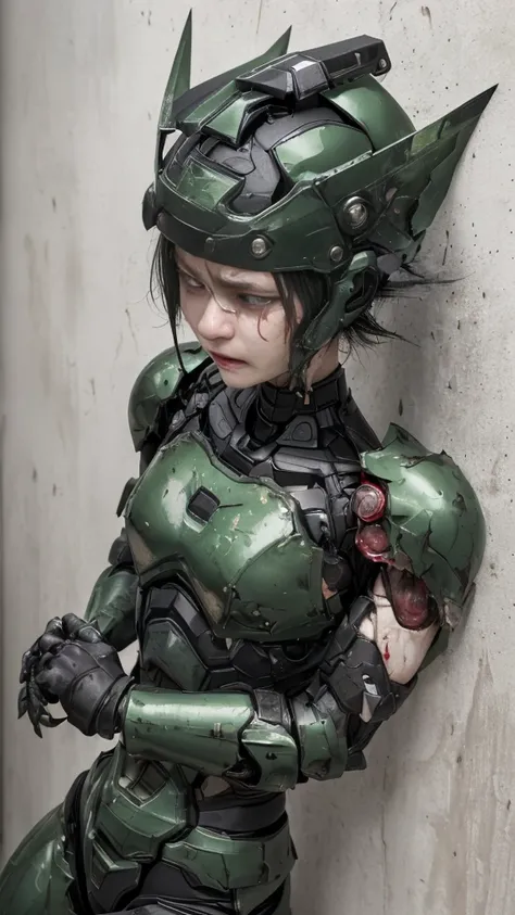 Rough skin, Very detailed, Advanced Details, high quality, 最high quality, High resolution, 1080P 、Bleeding from the wound、Sexy Eyes、Wearing green and black、cute((The whole body is sweating))(Equipped with a damaged battle suit....)(Dark green armor)(Broken...