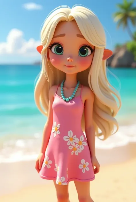 , , light blonde hair, white beauty, wearing Lilo&#39;s outfit from the movie Lilo and Stitch, on the beach cartoon, animation character, stylized character, animation style rendering, 3d stylized, Arnold Maya render, 3D stylized render, toon render keysho...