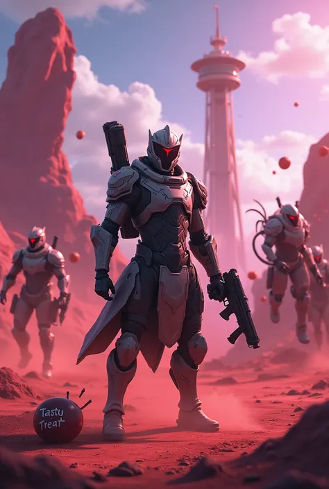 fortnite_call of duty, pack skins, PORTA-PANOPTICON, Tasty Treat and a human cybernetic knight fight an army of toxic monsters on a red planet 