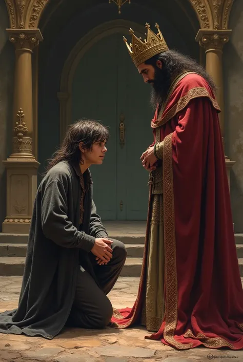 A former evil sorcerer, young man with long hair, repentant and ashamed, is kneeling before a young king. The sorcerer is accepting the kings forgiveness, he is humble and deeply ashamed. The king is kind and forgiving.