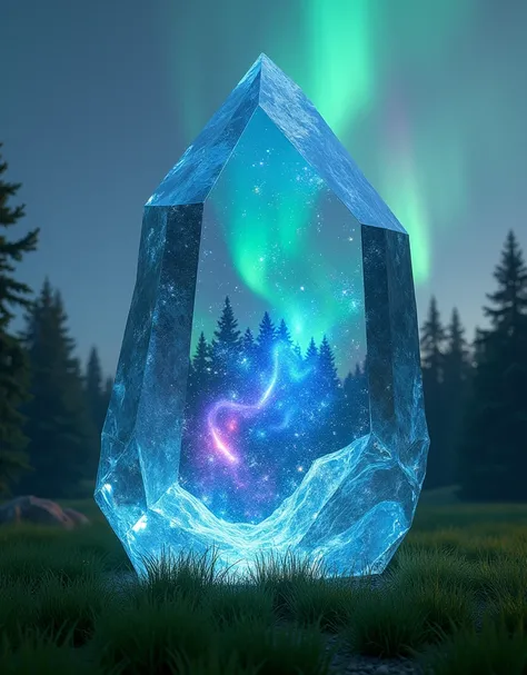 A big crystal, with an aurora borealis and a galaxy inside it, background a lawn