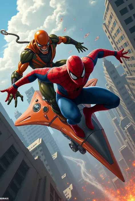 Create an image of Spiderman fighting the Orange Goblin on the glider in comic style