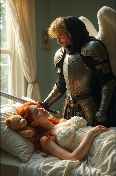 A beautiful young woman with wavy red hair, sleeping hugging a cute teddy bear, and next to the bed stands guard a beautiful male angel, blond with medieval armor, and a sword in his hand pointed at a being dressed in black with a hood on his head, imagem ...