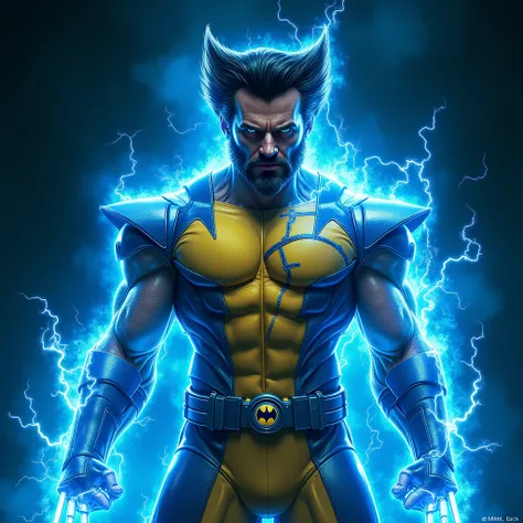 (Fusion of blue flame, blue lightning, and advanced technology into Wolverine:1.4), (Wolverine standing with a fierce expression:1.4), (his iconic yellow and blue costume enhanced with glowing tech elements:1.4), (blue lightning crackling through cyberneti...