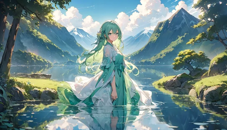 **375. One person。Personification of Landscape Reflection。A symbol of natural beauty and mirror-like serenity。Cowboy shot or close-up。  
masterpiece, best quality, ultra detailed (Detailed fingers), (Emotional), (Breathtakingly beautiful),  
(main part: 1....