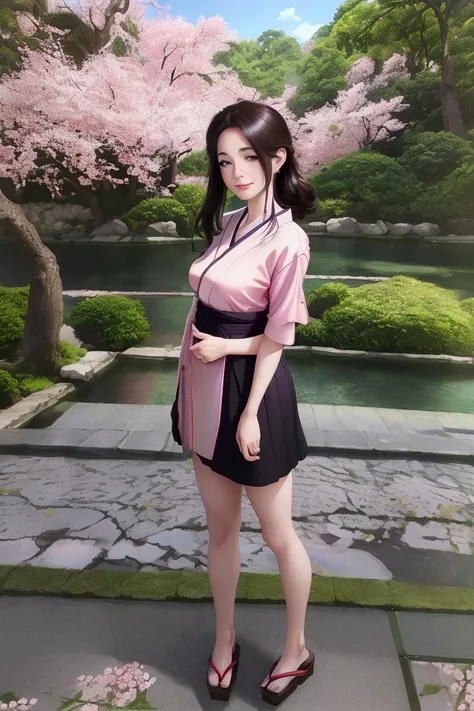 ((Best Quality)), ((masterpiece)), ((realist)), Girl with impeccable beauty standing in a serene Japanese garden with cherry blossoms at eye level, scenic, masterpiece, (High resolution), original, extremely Detalleed 8K , (photorealist:1.4),perfect face, ...