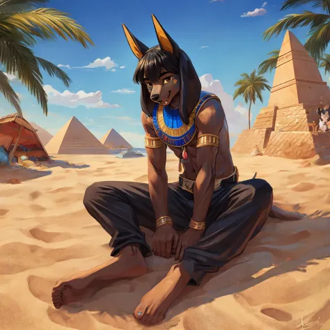 Anubis, man, barefoot, Alone, black hair, dog ears, Fangs, cheered up, Egyptian pants, Whole body, sitting in the sand.