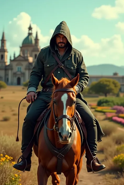 1 male figure, Emiliano Zapata, Mexican revolutionary outfit with hoodie, assassins creed style, riding horse, the background is a plain with a church and beautiful gardens, cinematic composition, realistic, highly detailed, photorealistic, 8k, HDR, dramat...