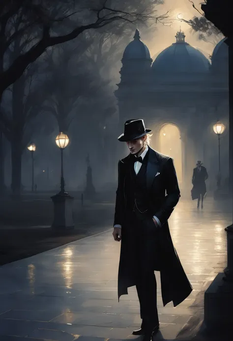 (good quality), (many details), (masterpiece), Charlie Bowater style, Vampire at night in the park, Gloomy aura, Shadows gather behind him, fedora, blond hair, angular face, suit, 