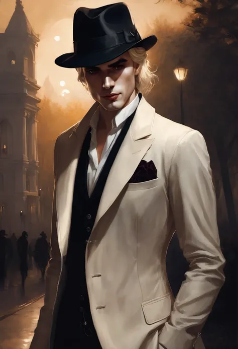 (good quality), (many details), (masterpiece), Charlie Bowater style, Vampire at night in the park, Gloomy aura, Shadows gather behind him, fedora, blond hair, angular face, suit, 