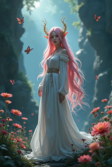 1 beauty with pink hair, long hair, Red eyes, Complex and delicate hair accessories，white robe，elf ears，forest, rock, alone, , night, Butterfly, Flowers, foliage, Very detailed,