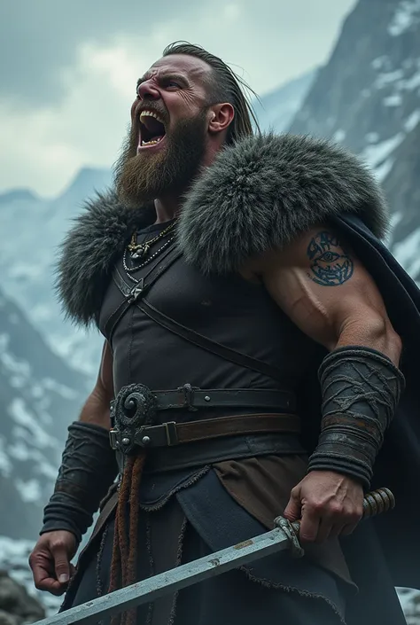 Realistic Viking warrior Ragnar screaming with teeth bared with a Norse tattoo around his eye 