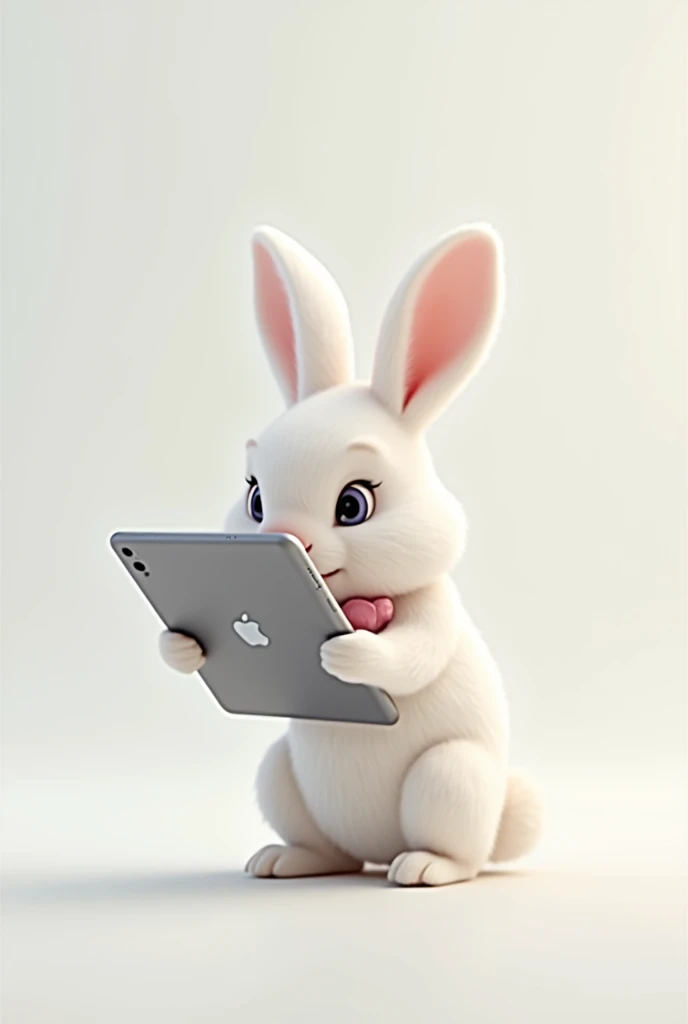 A beautiful little white rabbit with an iPad