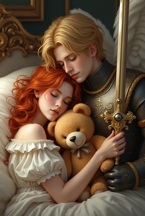 A beautiful young woman with wavy red hair, sleeping cuddling a cute teddy bear, and away from the bed a beautiful angel man, blond with medieval armor, and a sword in his hand.