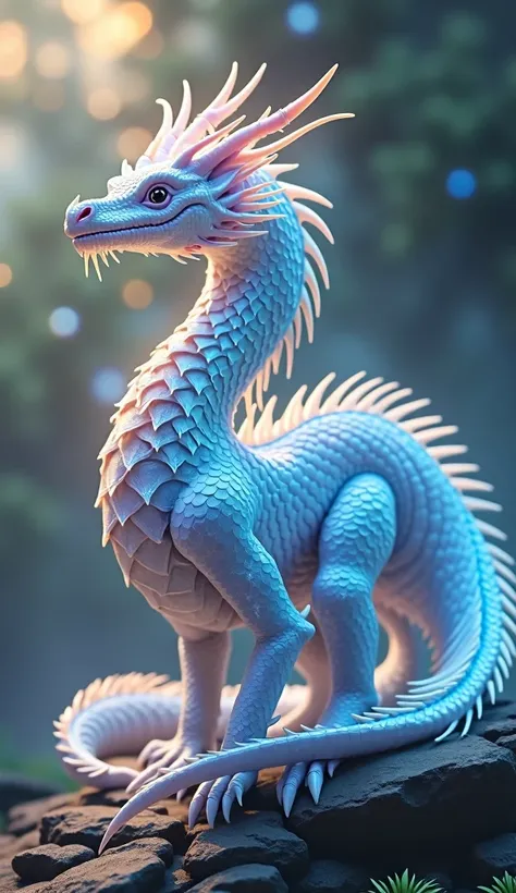 hyper realistic, dragon((iridescent)) fantasy, dragon white ethereal appearance, sparkling details, glowing, scaly texture, hyper-realistic, details,((shine)), opulence. FHD, 16k