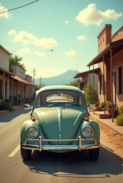 Volkswagen Beetle wallpaper without driver. 

Situation: In a sunny day the car will be on road and some retro buildings are available besides the road
