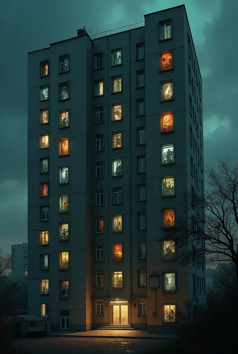 A 14-storey Russian panel house, in each window of which you can see different worlds, a mystical atmosphere, a Lovecraftian atmosphere, at night, realistic