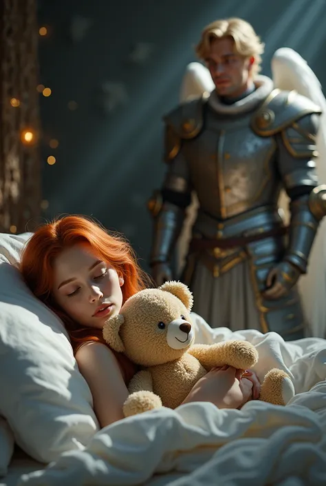 A beautiful young woman with wavy red hair, sleeping cuddling a cute teddy bear, and in the corner of the room a beautiful male angel, blonde with beautiful wings and medieval armor, and a sword in his hand. imagem alta qualidade 