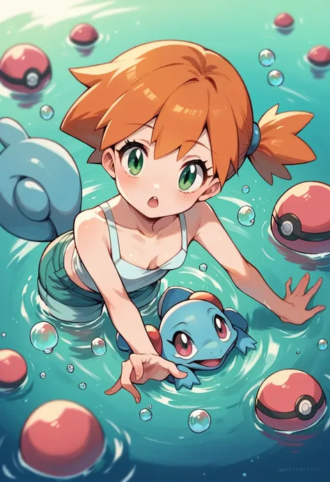 Misty_pokemon , Berry Short,Orange Hair, one side up hair ,Big green eyes,Small breasts,Skinny . Squirtle, Pokemon, water , bubble, cute , Beauty girl , fresh , dive .