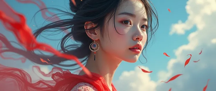 Chinese woman, face close-up, soaring female figure made of ribbons, smoke, in the sky, colorful and bright, mystical colors, modern impressionism, portraiture Yanjun Cheng, iridescent painting, 3/4 perspective view, cute face, low angle, wide swirling com...