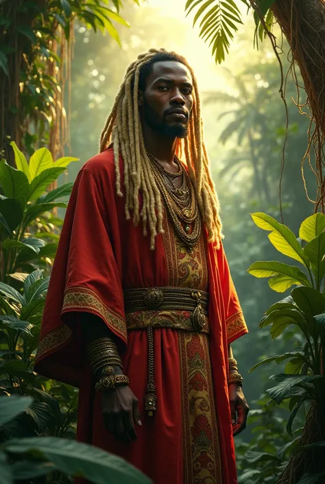 young black man with long blond dreadlocks, with royal garments of African kings and queens, in a jungle landscape with lots of green plants  