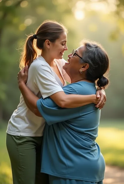 Create a photo of a 30 year old young woman, with long light brown hair tied in a ponytail with a lock of hair over her face, slender and beautiful body, wearing green sweatpants and an open white shirt without a bra with bare breasts, with white and clear...