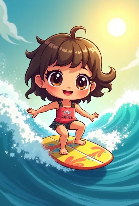 A girl deformed into a chibi character is riding a surfboard.、smile、Ocean