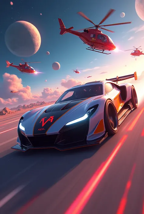 image with the word yuca , being the logo of a car in space performing a 3d anime race and helicopters shooting at the car  