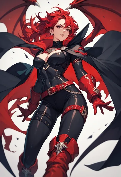 1girl, black bodysuit, long red hair, black, black bodysuit, fully-clothed, red belt, red gloves, red boots, black cape with red inside, red bat on the chest,