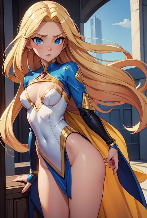 Masterpiece, Best Quality, Detail, A beautiful superheroine small breasts long blonde hair blue eyes she is grabbed from behind she is surprised 