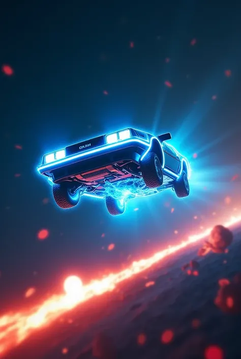 realistic Delorean(back to the future(movie),((glowing blue)), (blue electric glow)), at night falling downwards the sky, (beautiful red fire from the wheel track behind Delorean), ((shallow depth-of-field)), (bokeh), (lens flare), sharp focus,,((dynamic a...