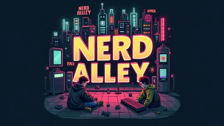 fund: A street scene illuminated by neon lights, with tall buildings and illuminated signs displaying names and pop culture elements.
texto: At the center, the phrase stands out "NERD ALLEY" em letras grandes e brilhantes, with a pink neon appearance, surr...